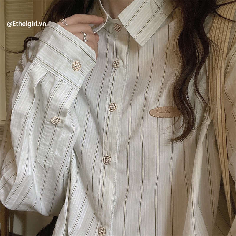 Áo Sơ Mi Caro Nữ Dài Tay Dáng Rộng Cài Khuy Kiểu Hàn Quốc