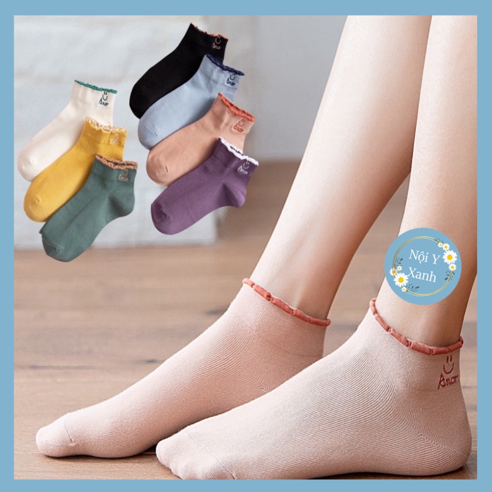 Tất Anor cổ ngắn nữ, vớ nữ mặt cười chất vải cotton co và giãn bốn chiều thoáng khí tt4 nội y xanh, chất ấm, thoáng khí