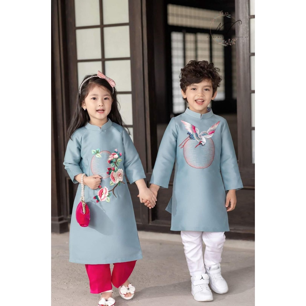 Set áo dài bé trai bé gái chất liệu Tapta thêu tỉ mỉ - GD04