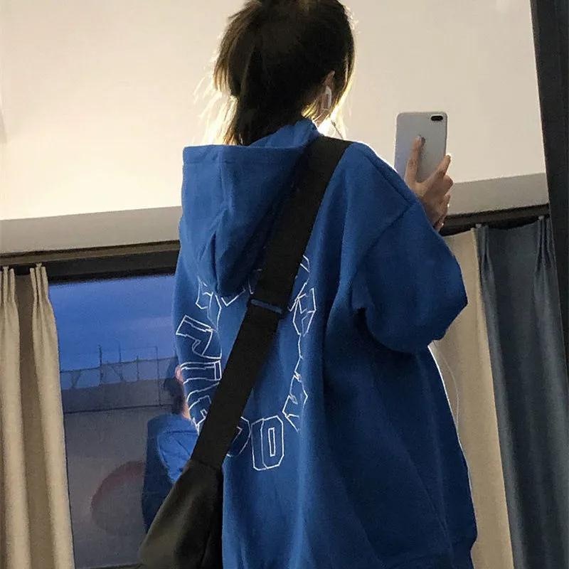 Áo hoodie nữ form rộng dày chất nỉ bông màu xanh 2022