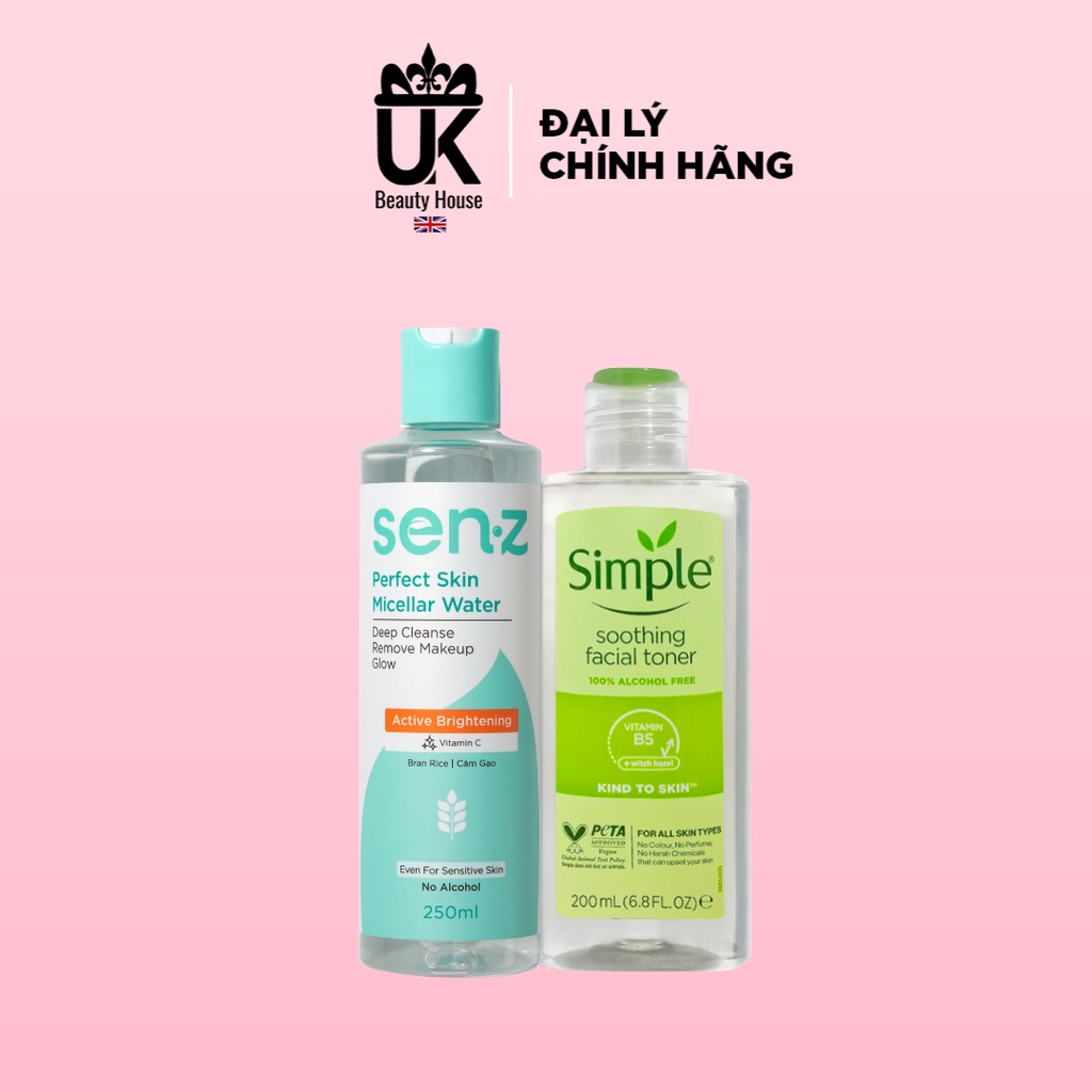 COMBO TẨY TRANG, CÂN BẰNG ĐỘ ẨM GỒM TONER SIMPLE 200ML VÀ TẨY TRANG SENZ 250ML