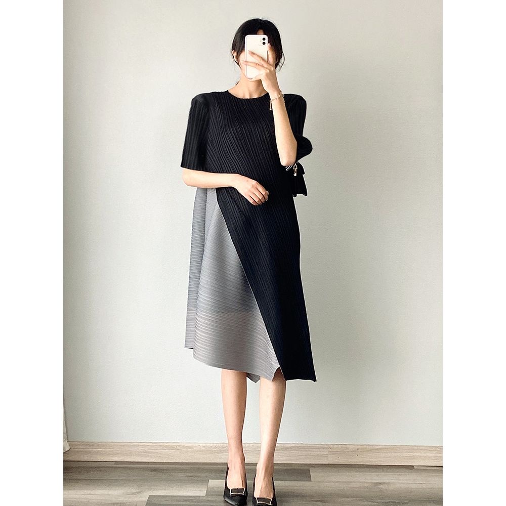 Issey Miyake Đầm Tay Ngắn Dáng Rộng Phối Màu Thời Trang Mùa Hè Xinh Xắn Cho Nữ