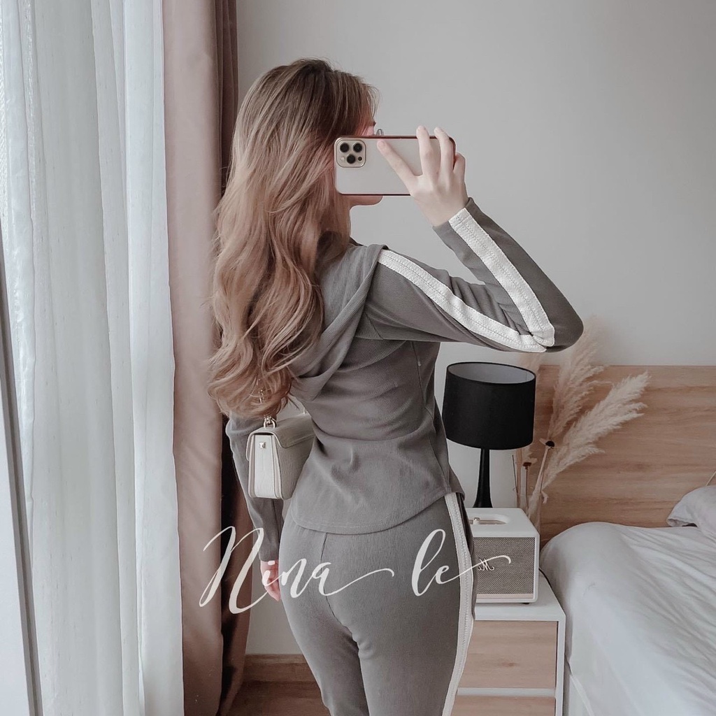 Set bộ thể thao nữ chất thun gân tay dài kẻ sọc có mũ in hoạ tiết,kèm quần dài ống túm dễ thương