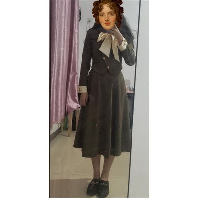 Set váy midi màu nâu cổ dây nơ to - phong cách tiểu thư công sở