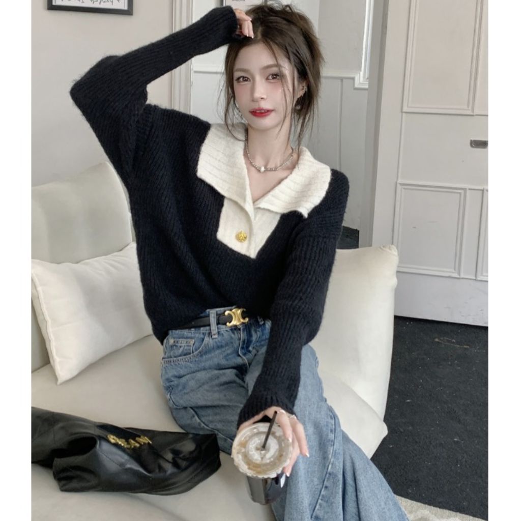 Áo len dài tay cổ polo trắng đen chất len dày dặn hàng order Taobao nhà Oanhdilys