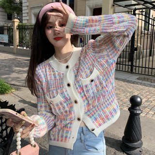 Áo cardigan len,Áo khoác len đan mix màu cài cúc phong cách Hàn Quốc