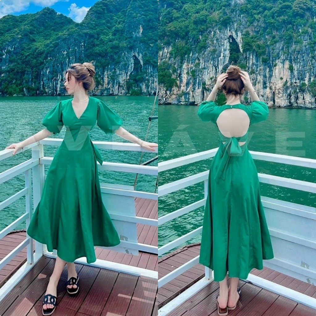 Váy đầm nữ tay phồng cổ V cột nơ sau hở lưng chất lụa 2 lớp (có mút) cực xinh