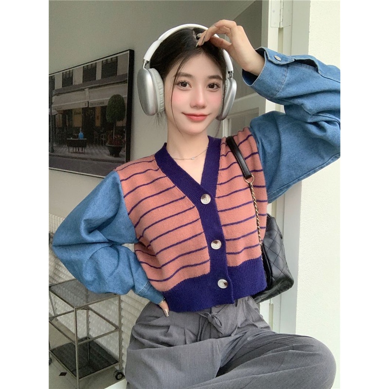 Áo Khoác Denim Nữ Dài Tay Cổ Chữ V Form Rộng Họa Tiết Kẻ Sọc Thời Trang Mùa Thu Mới