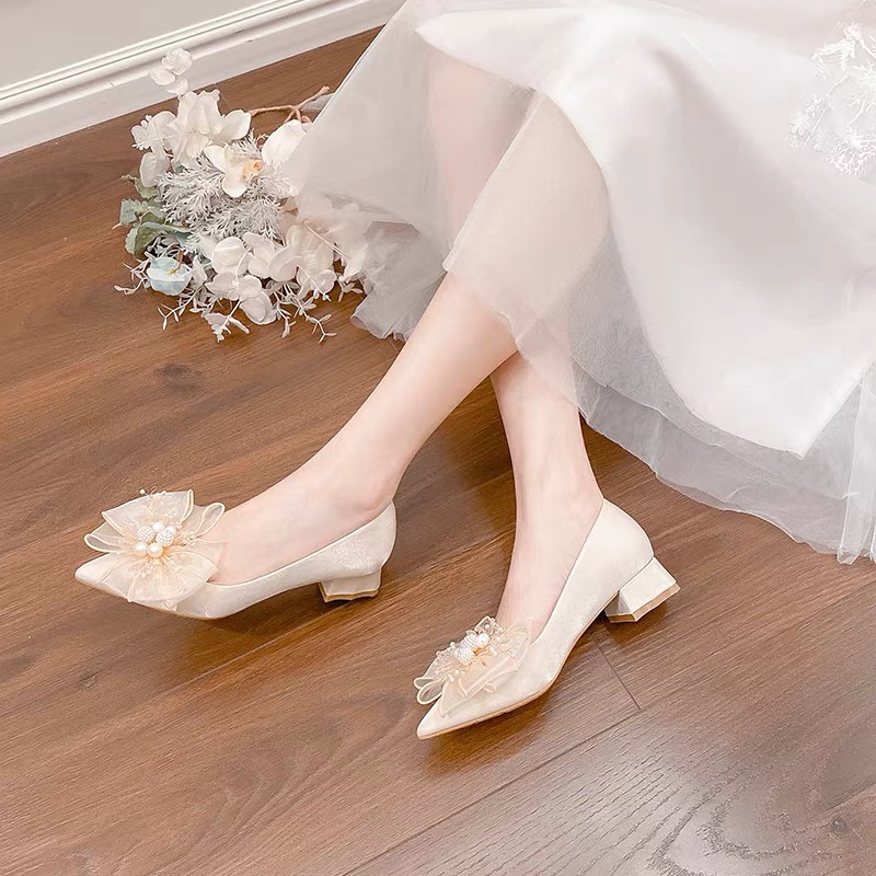 Giày Cao Gót Bít Mũi Đính Nơ Ren Lấp Lánh Đi Tiệc Cô Dâu Xinh Xắn mã A1NR