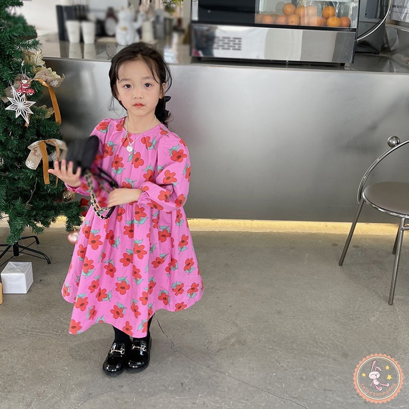 Đầm Tay Dài Cổ Tròn In Hoa Cho Bé Gái