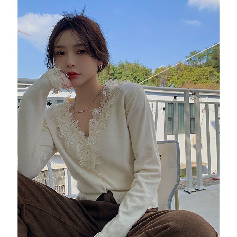 COZOK Áo sweater Tay Dài Dáng Rộng Phối Ren Thời Trang