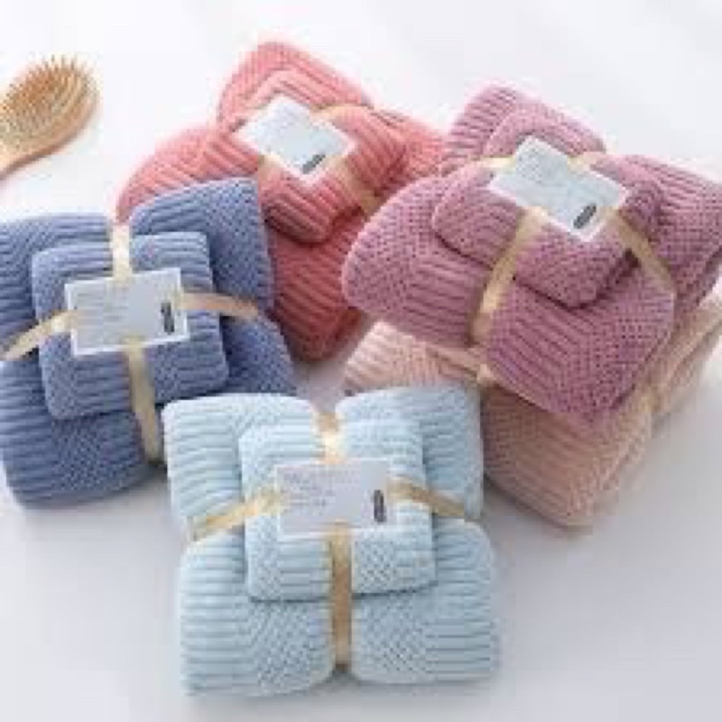 Set 2 Khăn Tắm Lông Cừu Xuất Hàn Cỡ Lớn Siêu Mềm Mịn Thấm Hút Nước Tốt