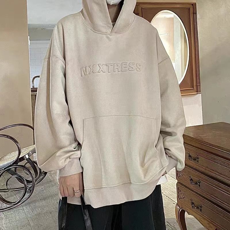 Áo Hoodie Da Lộn Lót Nhung Dày Dặn Dáng Rộng Phong Cách Retro Hong Kong Thời Trang Thu Đông Cho Nam