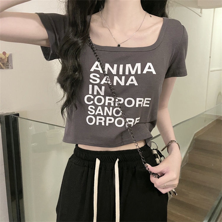 Áo Thun Cotton Nguyên Chất Cổ Vuông Tay Ngắn In Chữ Thời Trang Mùa Hè 2022 Mới