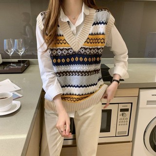 Áo dệt kim sát nách phối màu tương phản thời trang retro dễ phối đồ cho nữ