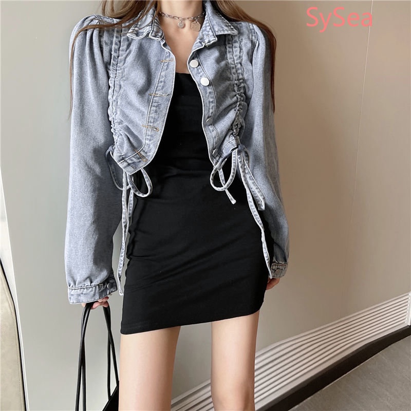 Áo Khoác Denim Phối Dây Rút Thời Trang Mùa Thu Dành Cho Nữ