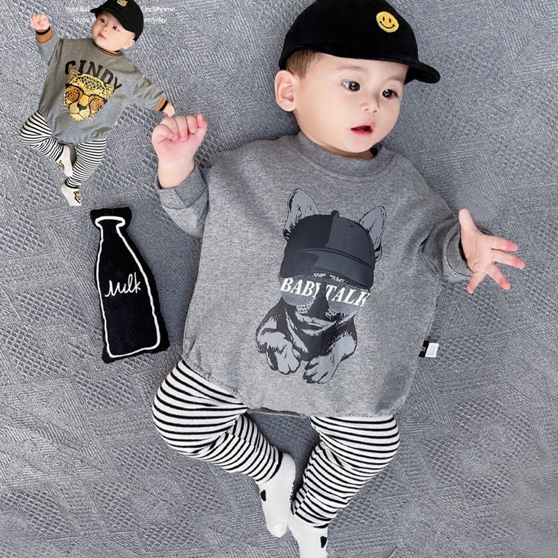 Bộ 2 Món Áo Liền Quần + Quần Dài In Họa Tiết Động Vật Hoạt Hình Dễ Thương Thời Trang Cho Bé