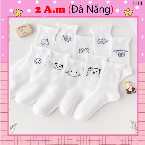 Vớ Cổ Trung Nữ Tone Màu Trắng Họa Tiết Gấu Mặt Cười Thời Trang Đẹp Vải Cotton 2AM