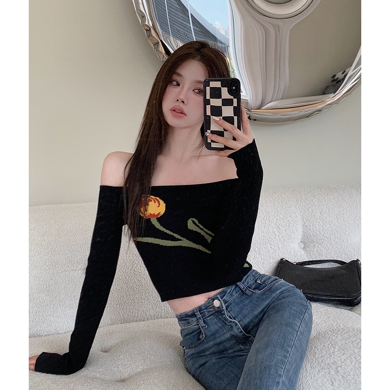 Hàng Mới Về Mới Áo Dệt Kim Trễ Vai Tay Dài Thời Trang Cho Nữ