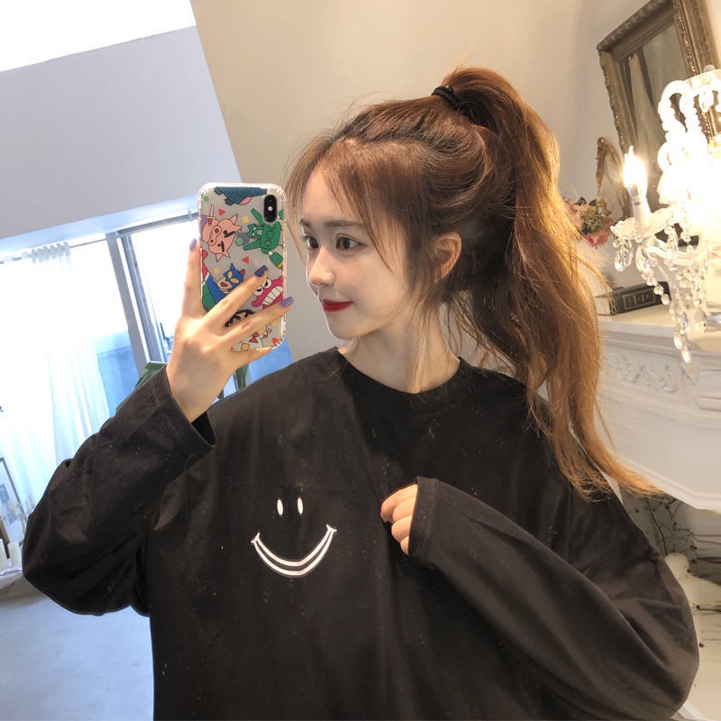 Áo thun nữ SUXI tay dài cổ tròn họa tiết mặt cười phong cách Hàn Quốc