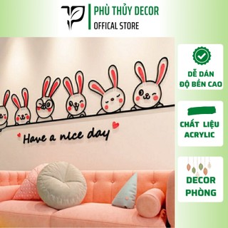 Tranh Dán Tường Mica 3D Hoạt hình thỏ bunny dễ thương Trang Trí Mầm Non, Mẫu Giáo, Phòng Cho Bé