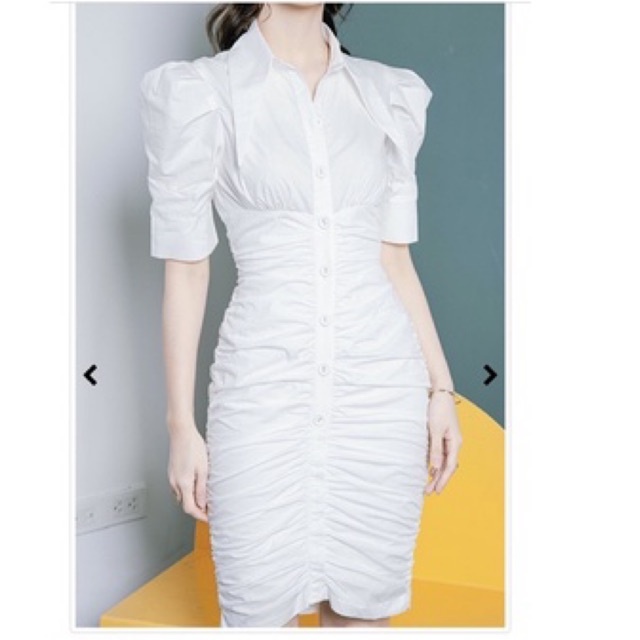 Đầm Sơ Mi Body Nhún Eo Cổ Nhọn Cao Cấp