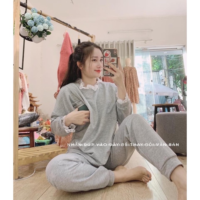 Bộ Bầu Nỉ cổ pha ren ,bo viền -Hàng loại 1 -mặc thu đông ,ảnh thật cận chất-dáng dễ mặcfreesize 43-68kg