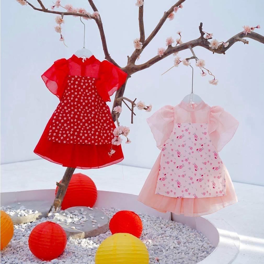 Áo dài  bé gái hoa nhí tay bồng sét áo dài cho bé gái từ 2 đến 9 tuổi kubnstore