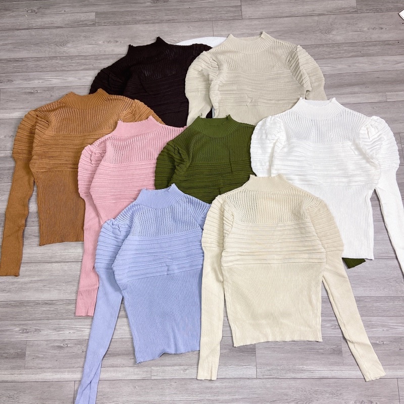 Áo Len Tay Bồng Phối Ren Cổ 3 Phân Áo Kiểu Dài Tay Thu Đông