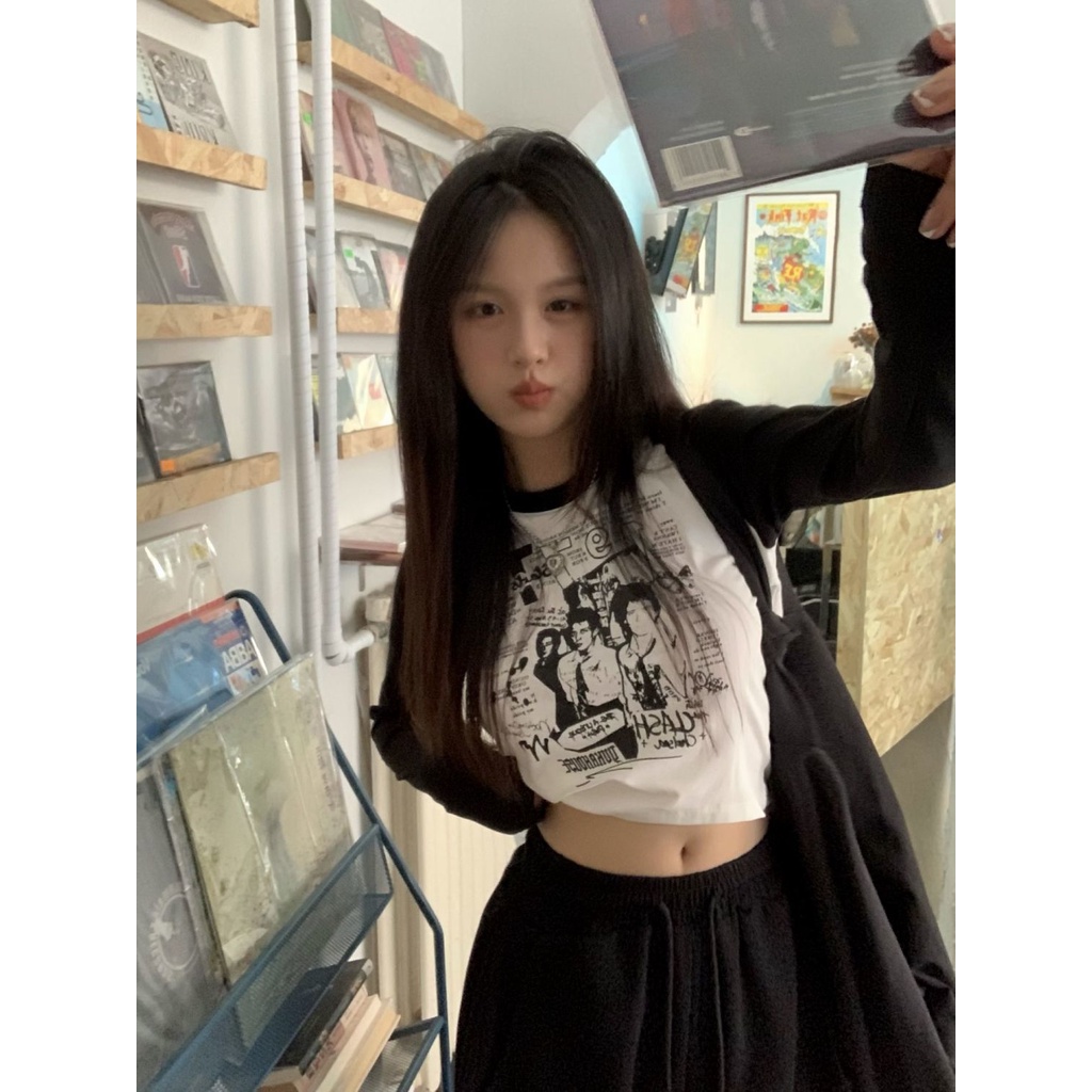 Jiashucheng Áo Thun Tay Dài Dáng Ôm In Họa Tiết Màu Sắc Tương Phản Thời Trang Cho Nữ