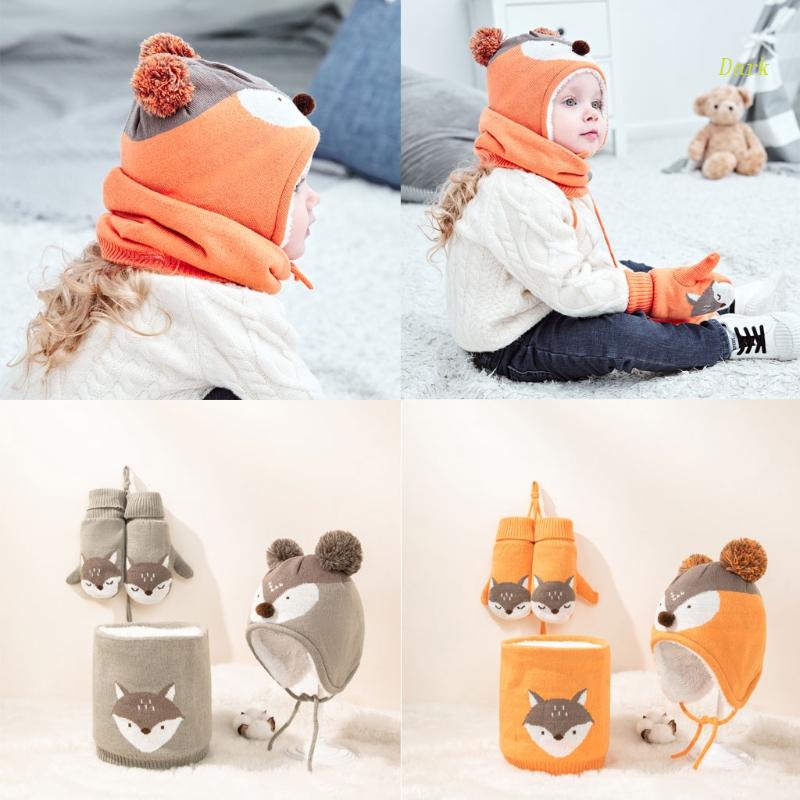 Set Mũ Len Kèm Găng Tay Và Khăn Choàng Cổ Dày Dặn Giữ Ấm Họa Tiết Hoạt Hình Cho Bé