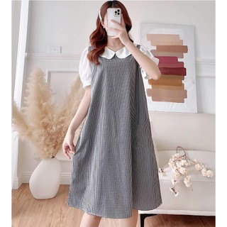 Váy Bầu Thiết Kế Kẻ Cố Sen Tay Bồng Larosa LAV100