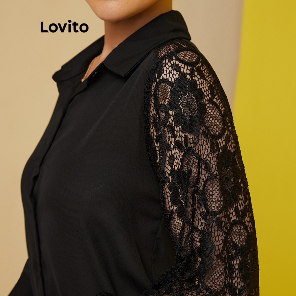 18de-Áo kiểu Lovito có cổ phối ren tương phản thanh lịch L17X345 (màu đen)