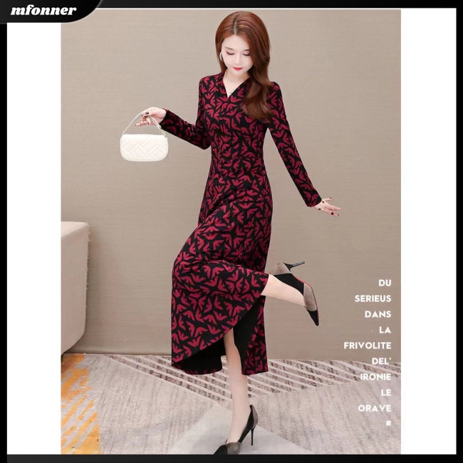 Đầm Dài Tay Cổ Chữ V Eo Cao In Hoa Thanh Lịch Dành Cho Nữ