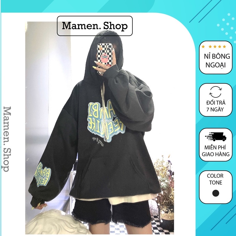 Áo hoodie nỉ bông form rộng in chữ BAMBI nam nữ kiểu dáng unisex Mamen shop