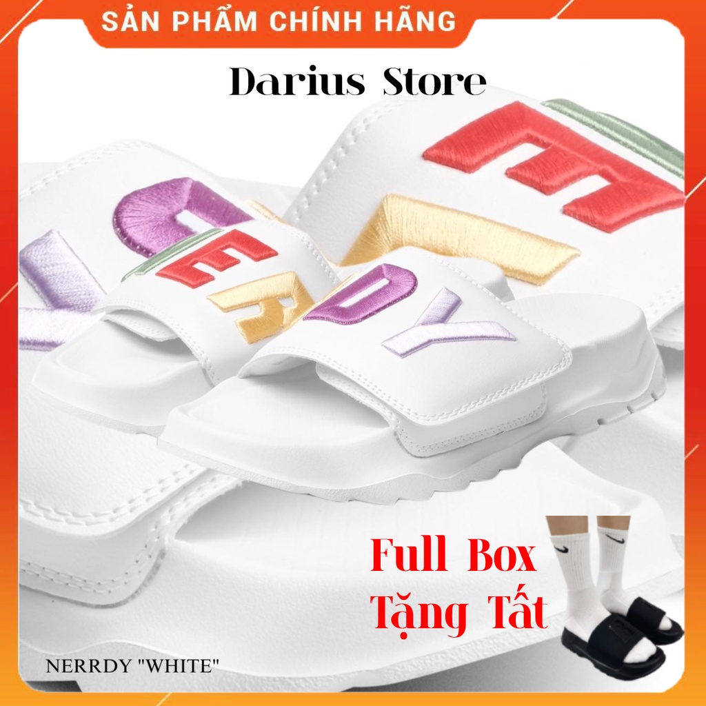 Dép NERDY nam nữ quai ngang Logo thêu nỗi Unisex đế đúc bánh mì cao nhiều màu full tem mác - MÀU NERDY TRẮNG
