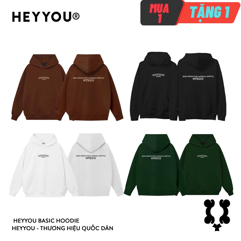 Áo khoác Hoodie HEYYOU Basic chính hãng, form rộng, vải nỉ chân cua dày không xù