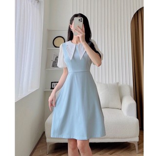  Đầm dáng A cổ sơ mi đen tay bồng cách điệu đính cúc bọc chiết thon eo lưng kéo khóa Eva Lover