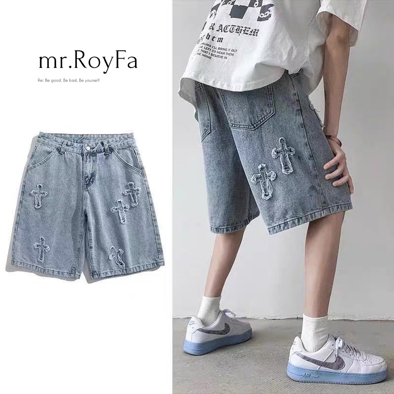 Quần Short Jean Thêu Chữ Thập Quần Jean Ngắn Cao Cấp Form Thường Có Thể Mặc Rộng Hoặc Ôm