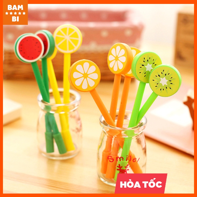 Bút bi Gel đen cao cấp cute mực nước có nắp hình hoa quả dễ thương viết đẹp cho bé Bambi