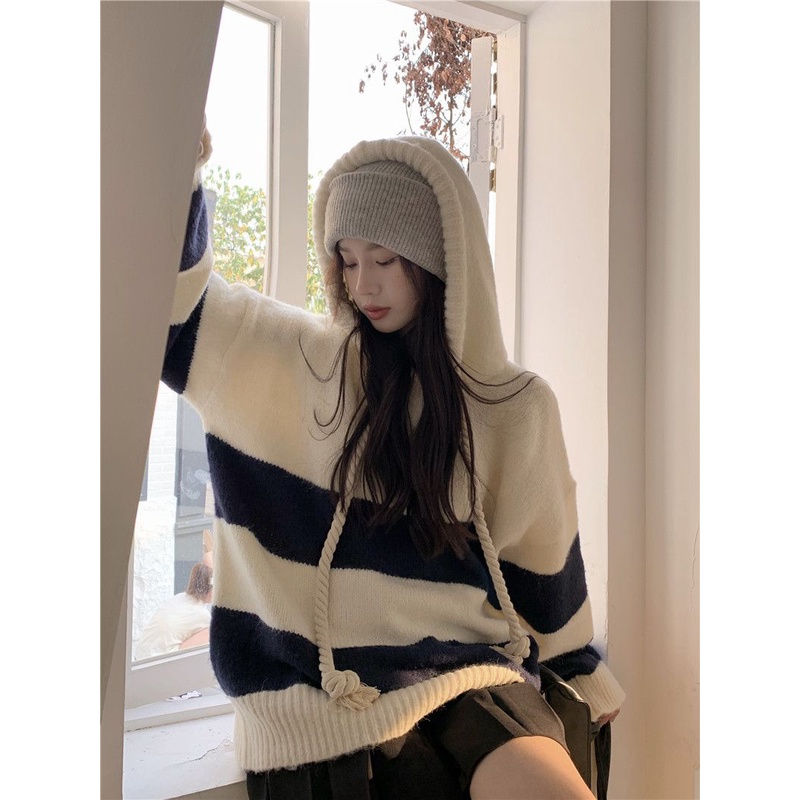 Áo Hoodie Dây Rút Dài Tay Mềm Mại Họa Tiết Kẻ Sọc Màu Tương Phản Thời Trang Mùa Thu Cho Nữ