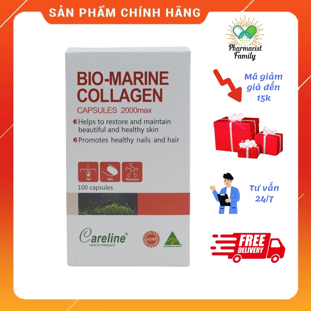 Viên Uống Hỗ Trợ Làm Đẹp Da [Úc] Careline Bio Marine Collagen 2000mg - 100 viên