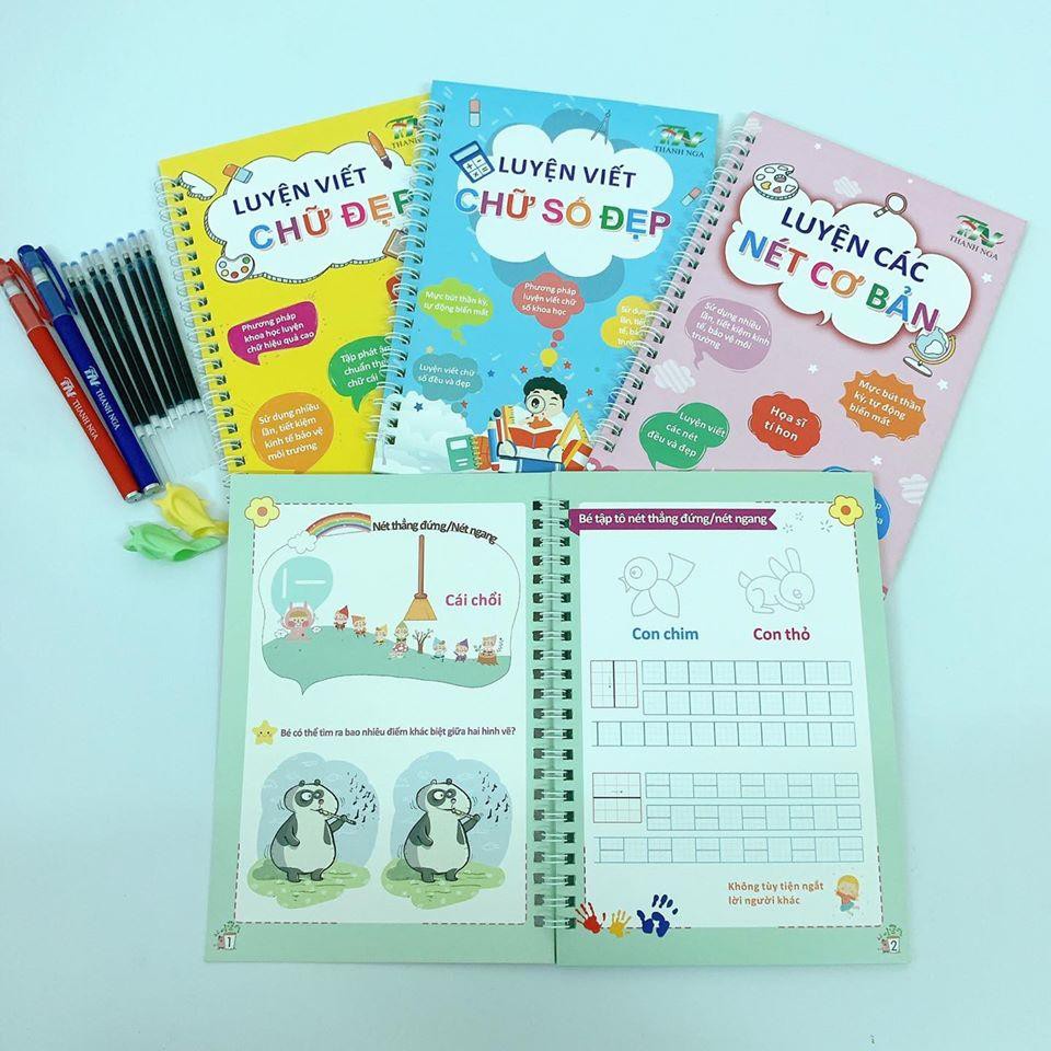 Combo 3 Quyển Luyện Viết Chữ, Số, Nét Cơ Bản Tự Xóa Thông Minh Cho Bé - Tặng Kèm Bút Mực Bay Màu