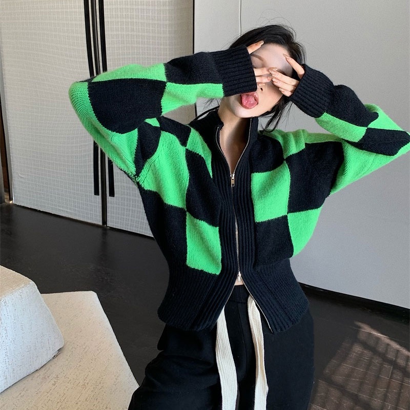 Áo Dệt Kim Tay Dài Cổ Đứng Có Khóa Kéo Họa Tiết Sọc Caro Phong Cách Hàn Quốc Thời Trang Cho Nữ