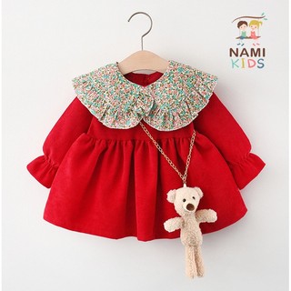 [XẢ KHO LẺ SIZE] 250:B5 Váy đầm công chúa cổ bèo hoa nhí kèm gấu bông đeo chéo dễ thương cho bé gái