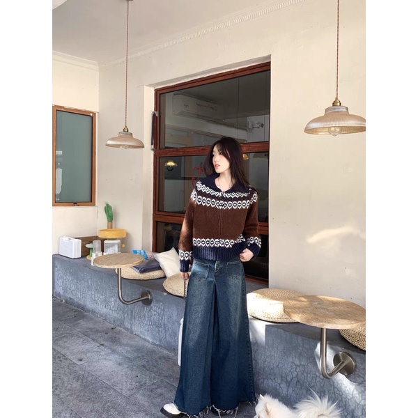 Quần jeans ống rộng lưng cao giả váy ống to phong cách retro
