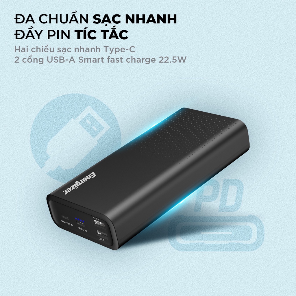 Pin dự phòng Energizer 20000mAh UE20012PQ - tích hợp sạc nhanh 2 chiều, 3 cổng sạc ra tiện lợi - Hàng chính hãng