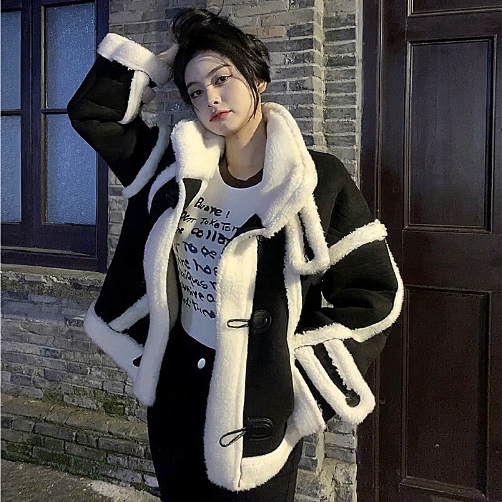 Áo khoác da lộn phối lông đen trắng YIMI khuy sừng thời trang