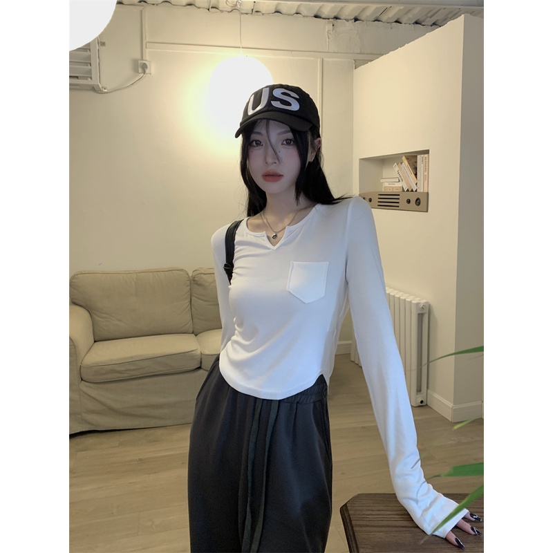 Áo Thun Tay Dài Cổ Chữ V Dáng Ôm Thời Trang Hàn Quốc Quyến Rũ Cho Nữ