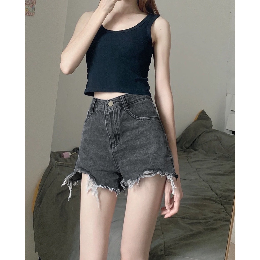 Quần Short Denim Rách Lưng Cao Ống Rộng Thời Trang Cho Nữ